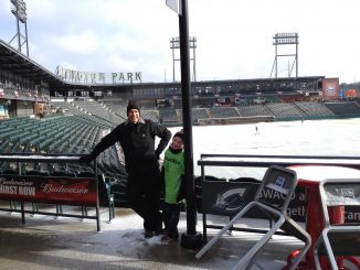 James and I bundled up at Huntington Park baseball stadium